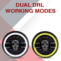 7inch RGB Skull with Ring Style LED Headlight 120W (H4 Plug) | High Beam | Low Beam | White DRL | Yellow Indicator for Thar