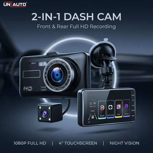 2-in-1 Dash Cam – 4″ Touchscreen DVR with Front & Rear Full HD 1080P Recording with Night Vision