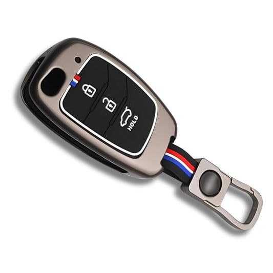 Metal Key Cover for Hyundai Grand i10 NIOS, Asta, Venue, i20, Aura, Exter, Creta, Elantra - 3 Button Flip Key (Black) | Zinc Alloy