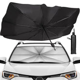 Foldable Car Windshield Sunshade Umbrella with UV protection. Keeps car interior cool, blocks heat & sunlight. Universal fit, easy to use.
