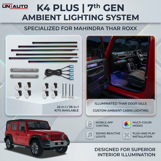 Uniauto ItsMine by Cardi K4 Plus 7th Gen, 22-in-1 and 26-in-1 Specialized for Mahindra Thar Roxx | Ambient Smart LED Light Strip Kit for Interior Car Lighting