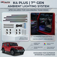 Uniauto ItsMine من Cardi K4 Plus الجيل السابع، 22 في 1 و 26 في 1 مخصصة لسيارة Mahindra Thar Roxx | طقم شريط إضاءة LED ذكي محيطي لإضاءة مقصورة السيارة الداخلية