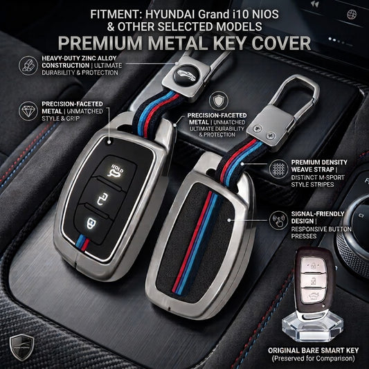 Metal Key Cover for Hyundai Grand i10 NIOS, Asta, Venue, i20, Aura, Exter, Creta, Elantra - 3 Button Smart Key