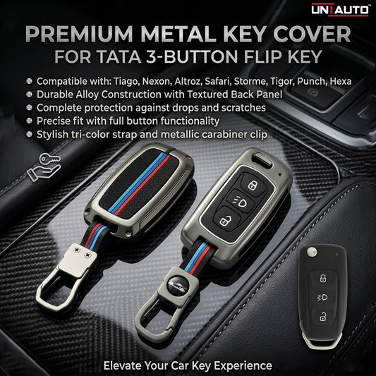 Metal Key Cover for Tata Tiago, Nexon, Altroz, Safari, Storme, Tigor, Punch, Hexa | 3 Button Flip Key