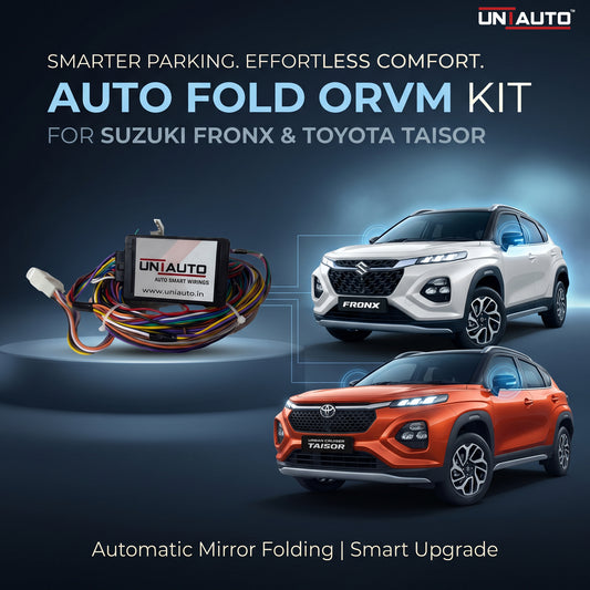 طقم ترقية مرايا الرؤية الجانبية القابلة للطي تلقائياً (Auto Fold ORVM) لسيارتي سوزوكي فرونكس وتويوتا تايسور | تركيب مرايا قابلة للطي تلقائياً للفئات الأساسية والمتوسطة