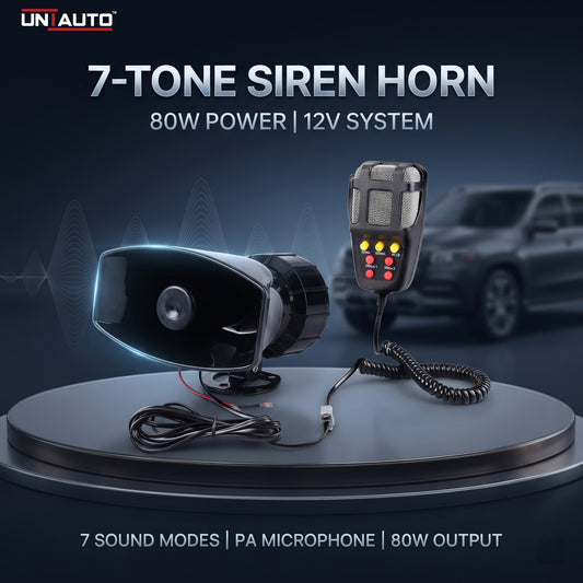 UNIAUTO Car Siren Horn 7 Tone Sound Siren Mic PA Speaker Car System - 80W Emergency Sound Electric Horn-12V