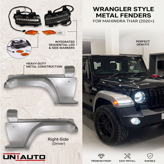 Wrangler-Style Metal Fenders with Led Indicators for Mahindra Thar 2020 onwards | Bolt on Design, No need of Fabrication.