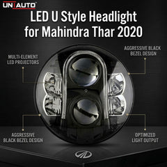 LED U Style Headlight for Mahindra Thar 2020 | High Beam | Low Beam | White DRL