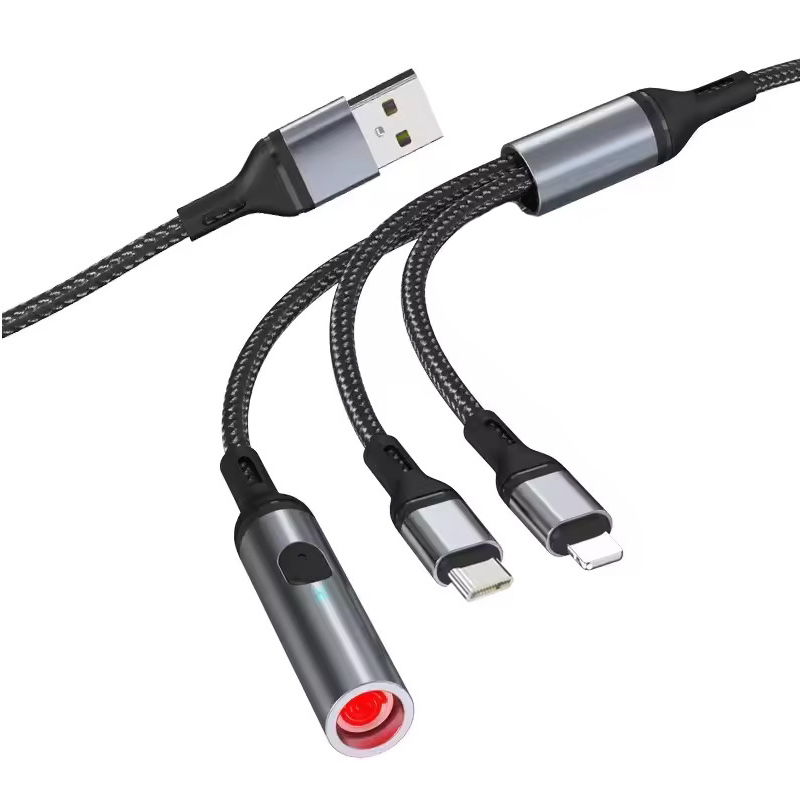 HyperLink 3 in 1 USB Data Cable with a C-Type Port, Lightning Port and Cigarette Lighter | 120W Compatible | Threaded Cable |