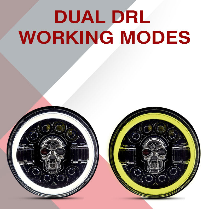 7inch RGB Skull with Ring Style LED Headlight 120W (H4 Plug) | High Beam | Low Beam | White DRL | Yellow Indicator for Thar