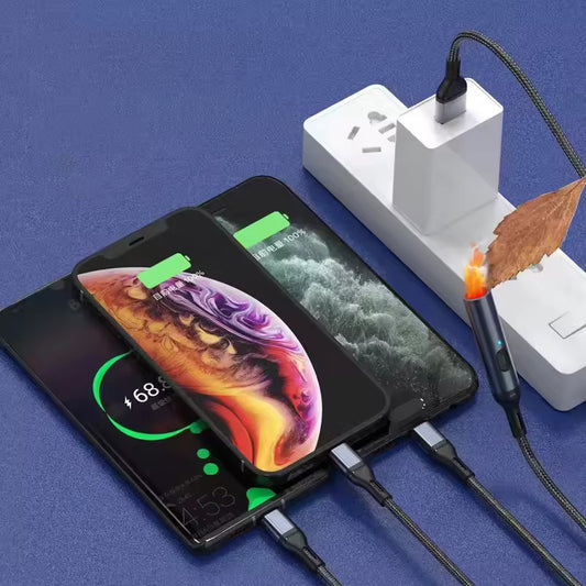 HyperLink 3 in 1 USB Data Cable with a C-Type Port, Lightning Port and Cigarette Lighter | 120W Compatible | Threaded Cable |