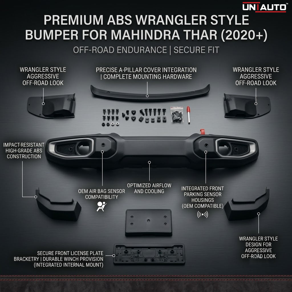 ABS Wrangler Style Bumper with Air Bag and Front Sensor Activation for Mahindra Thar | With Winch Provision