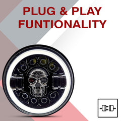 7inch RGB Skull with Ring Style LED Headlight 120W (H4 Plug) | High Beam | Low Beam | White DRL | Yellow Indicator for Thar