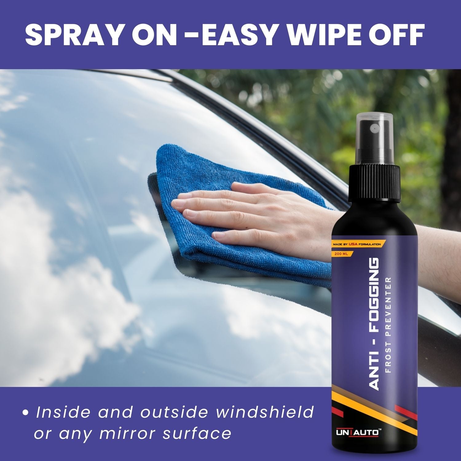 Uniauto Anti-Fogging Spray Frost Preventer 200ml | Clear Vision for Car Glass, Mirrors, Helmets, Windows & Lenses