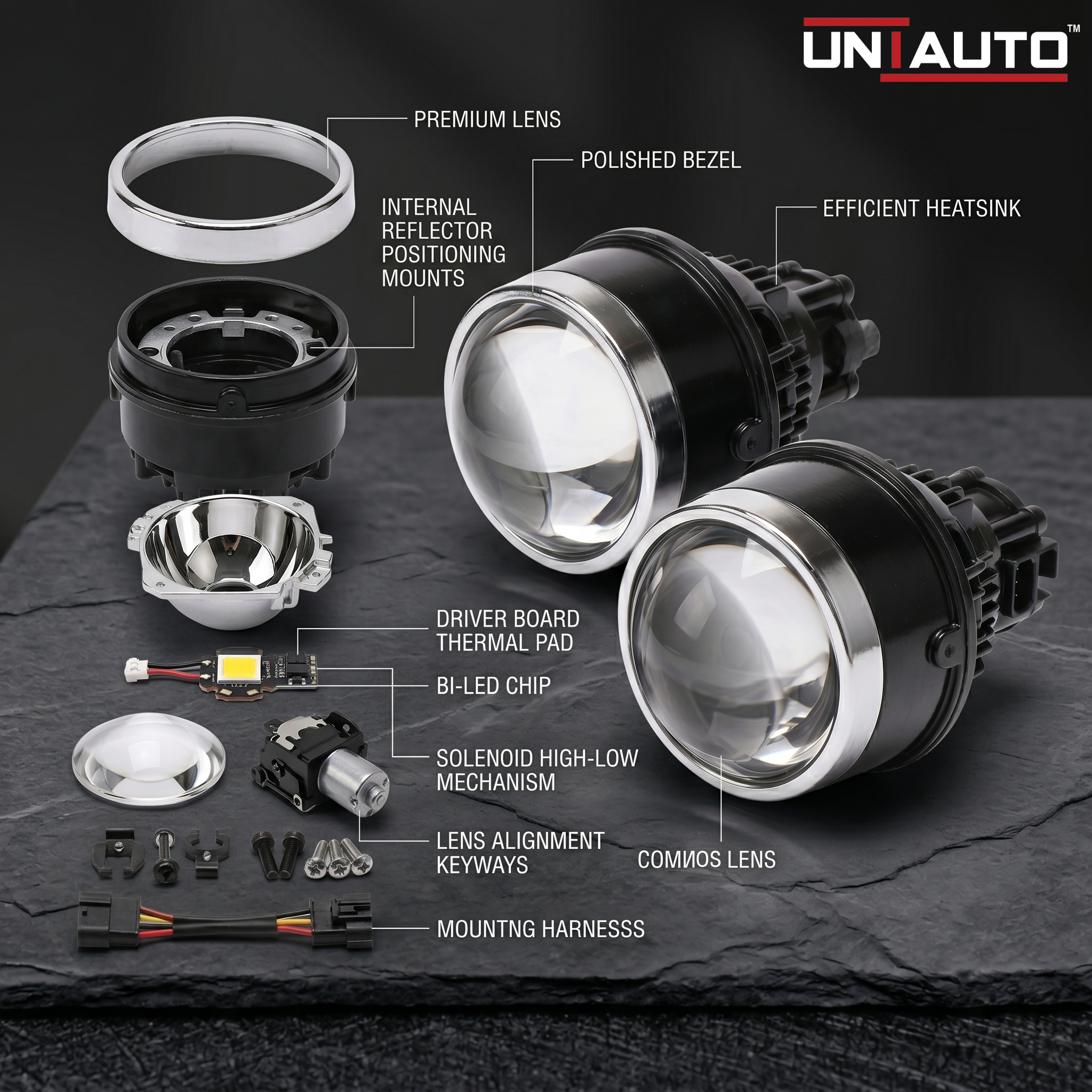 Uniauto 3 in 1 LED Projector Fog Lamp | White, Warm & Yellow Fog Light for Cars