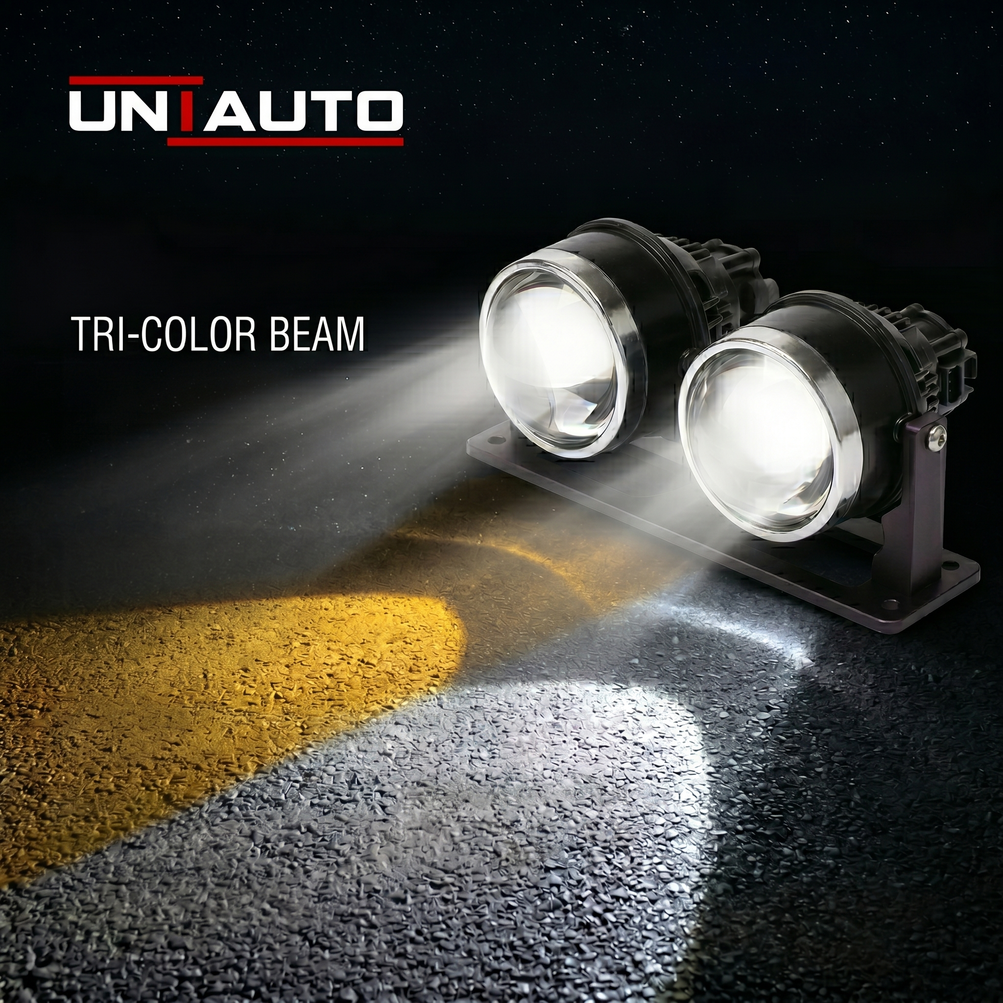 Uniauto 3 in 1 LED Projector Fog Lamp | White, Warm & Yellow Fog Light for Cars