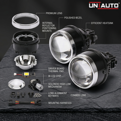 Uniauto 3 in 1 LED Projector Fog Lamp | White, Warm & Yellow Fog Light for Cars