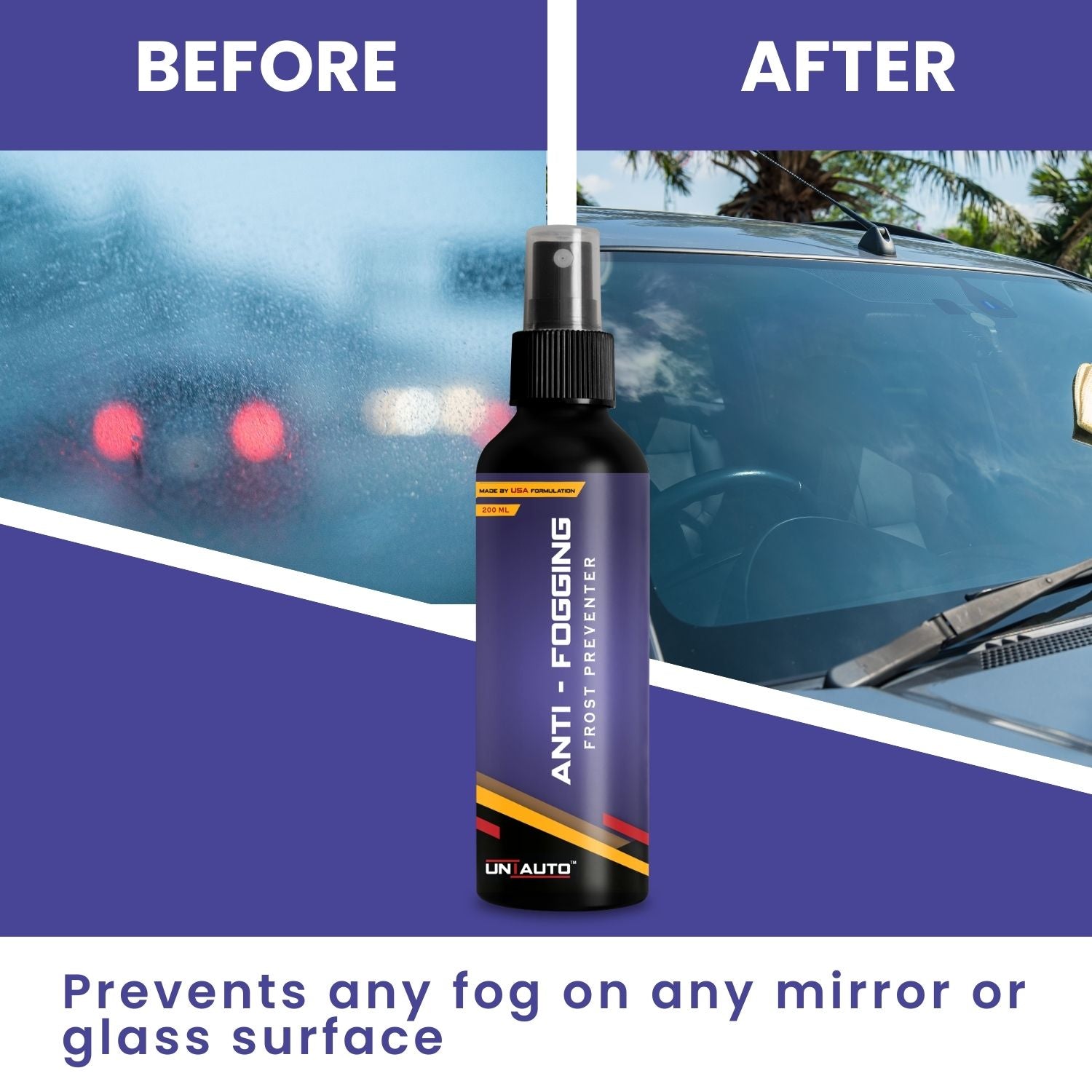 Uniauto Anti-Fogging Spray Frost Preventer 200ml | Clear Vision for Car Glass, Mirrors, Helmets, Windows & Lenses