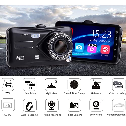 2-in-1 Dash Cam – 4″ Touchscreen DVR with Front & Rear Full HD 1080P Recording with Night Vision