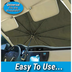 Foldable Car Windshield Sunshade Umbrella with UV protection. Keeps car interior cool, blocks heat & sunlight. Universal fit, easy to use.