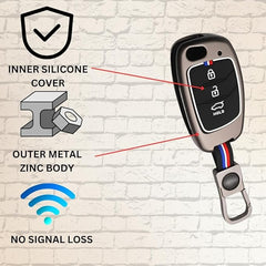 Metal Key Cover for Hyundai Grand i10 NIOS, Asta, Venue, i20, Aura, Exter, Creta, Elantra - 3 Button Flip Key (Black) | Zinc Alloy