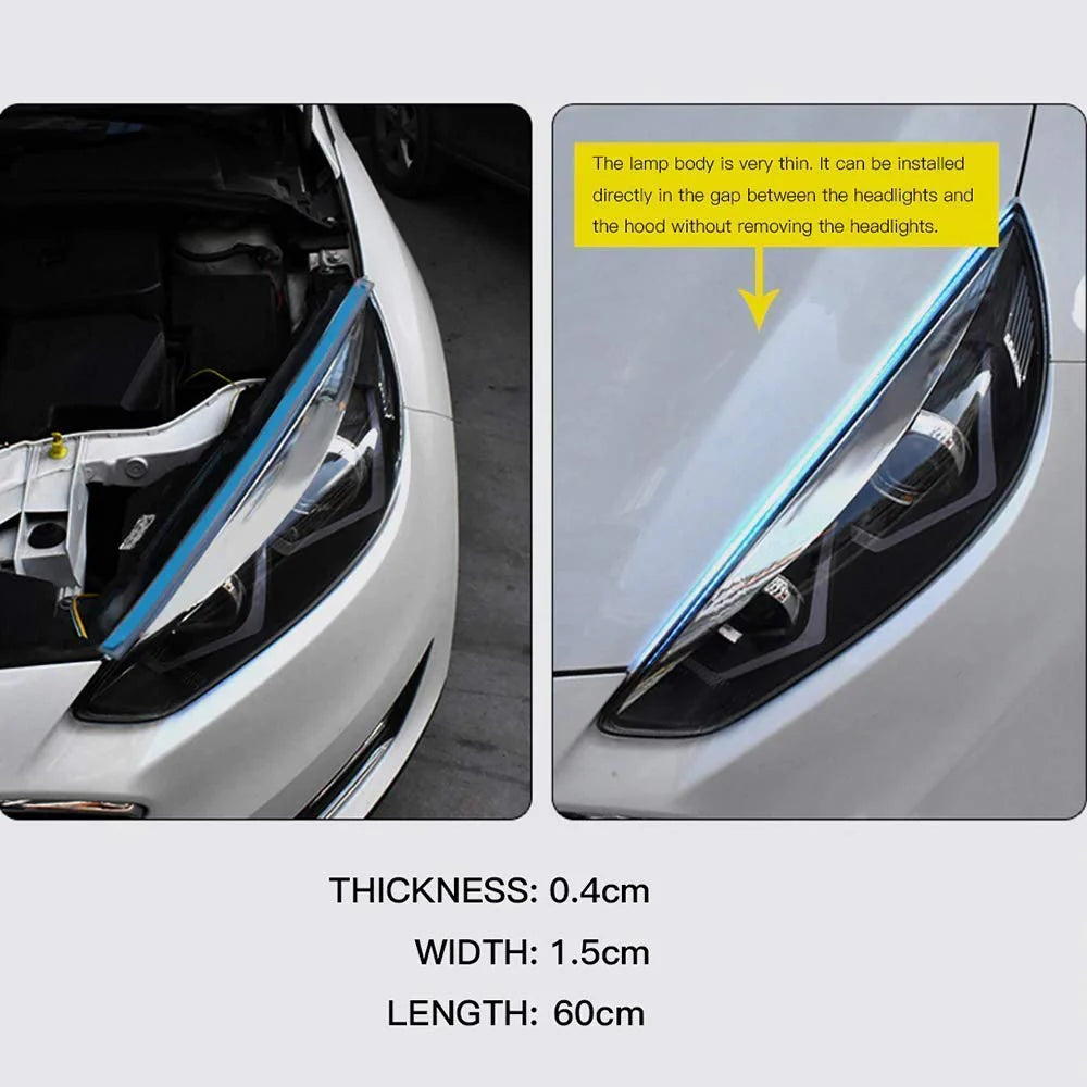 Daytime Running Light | Sequential Flow Universal Ultra-fine 60cm DRL | Flexible | Soft | Tube Guide Car LED Strip | White and Yellow Color