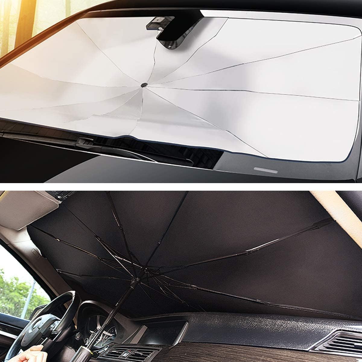 Foldable Car Windshield Sunshade Umbrella with UV protection. Keeps car interior cool, blocks heat & sunlight. Universal fit, easy to use.