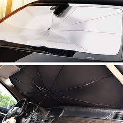 Foldable Car Windshield Sunshade Umbrella with UV protection. Keeps car interior cool, blocks heat & sunlight. Universal fit, easy to use.