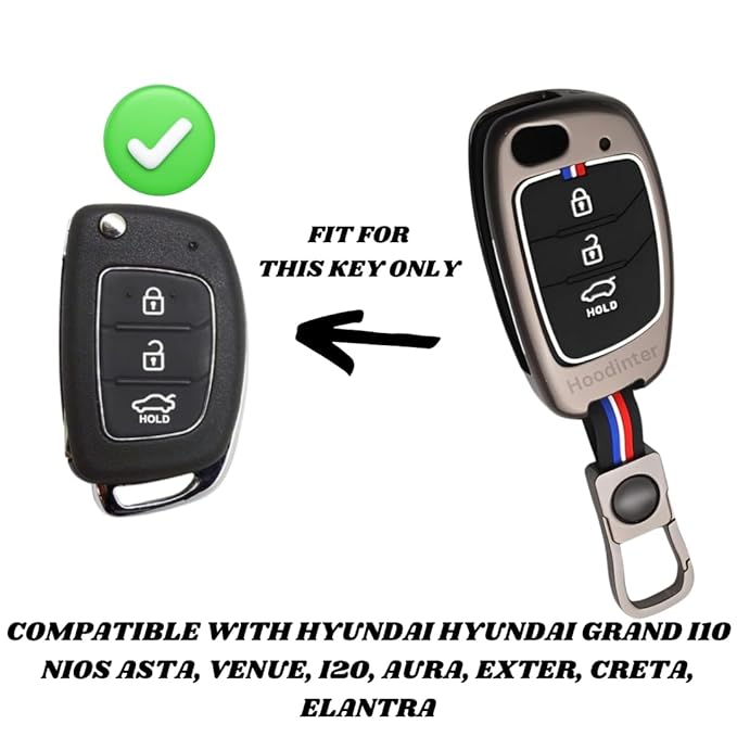 Metal Key Cover for Hyundai Grand i10 NIOS, Asta, Venue, i20, Aura, Exter, Creta, Elantra - 3 Button Flip Key (Black) | Zinc Alloy