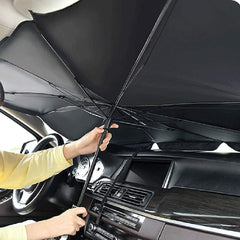 Foldable Car Windshield Sunshade Umbrella with UV protection. Keeps car interior cool, blocks heat & sunlight. Universal fit, easy to use.