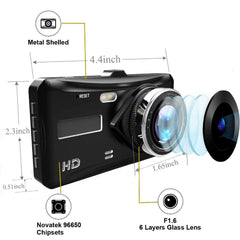 2-in-1 Dash Cam – 4″ Touchscreen DVR with Front & Rear Full HD 1080P Recording with Night Vision