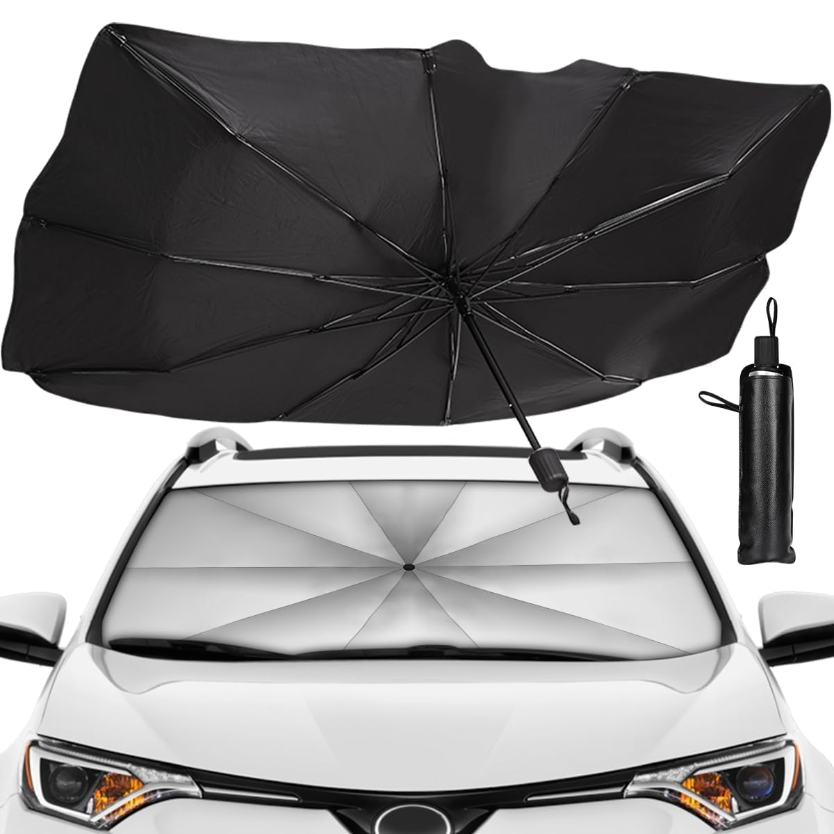 Foldable Car Windshield Sunshade Umbrella with UV protection. Keeps car interior cool, blocks heat & sunlight. Universal fit, easy to use.