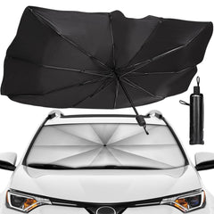 Foldable Car Windshield Sunshade Umbrella with UV protection. Keeps car interior cool, blocks heat & sunlight. Universal fit, easy to use.