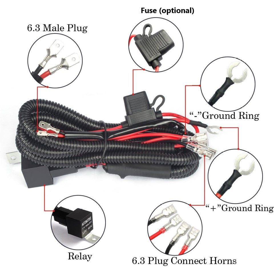 12V Horn Wiring Harness Relay Kit for Dual or Heavy-Duty Horns – Relay Wiring Only (No Horn Included)
