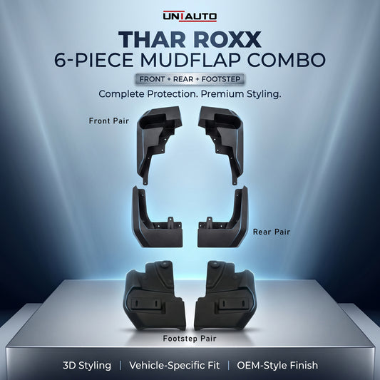 Uniauto 6-Piece Mudflap Set for Mahindra Thar Roxx | Front, Rear & Footstep Mudflaps