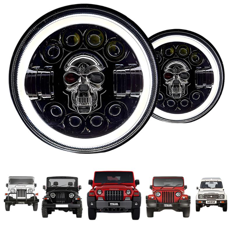 7inch RGB Skull with Ring Style LED Headlight 120W (H4 Plug) | High Beam | Low Beam | White DRL | Yellow Indicator for Thar