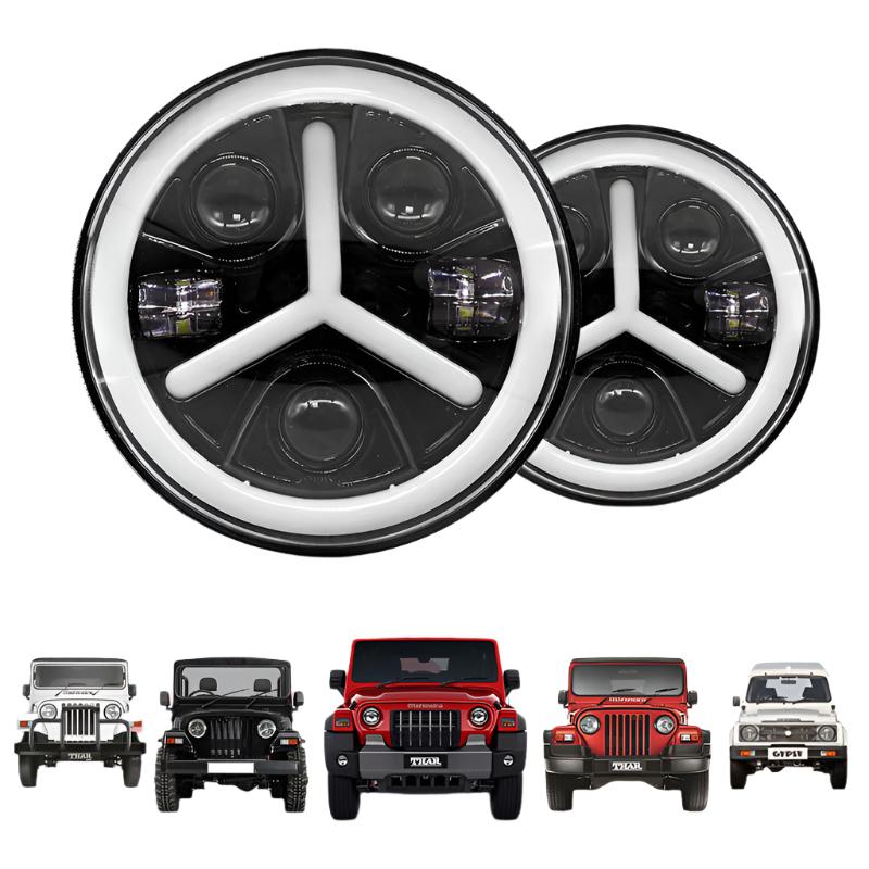 7inch Y Style LED Headlight 120W (H4 Plug) | High Beam | Low Beam | White DRL | Yellow Indicator for Thar