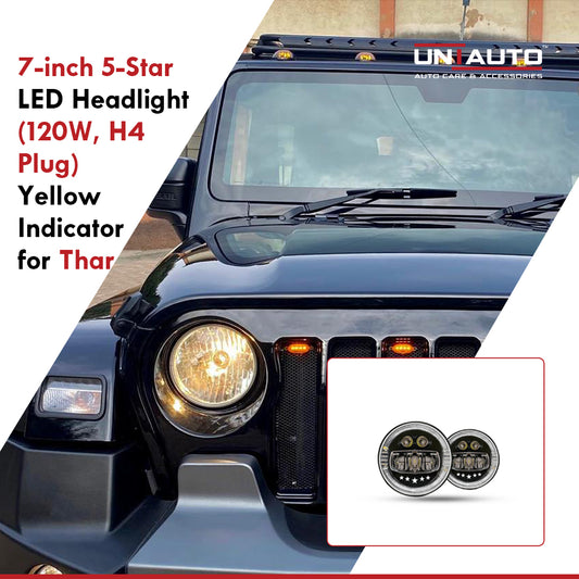 7-inch 5-Star LED Headlight (120W, H4 Plug) | Welcome Feature | High & Low Beam | White DRL | Yellow Indicator for Thar