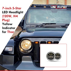 7-inch 5-Star LED Headlight (120W, H4 Plug) | Welcome Feature | High & Low Beam | White DRL | Yellow Indicator for Thar