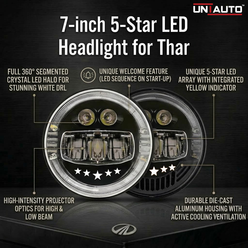 7-inch 5-Star LED Headlight (120W, H4 Plug) | Welcome Feature | High & Low Beam | White DRL | Yellow Indicator for Thar