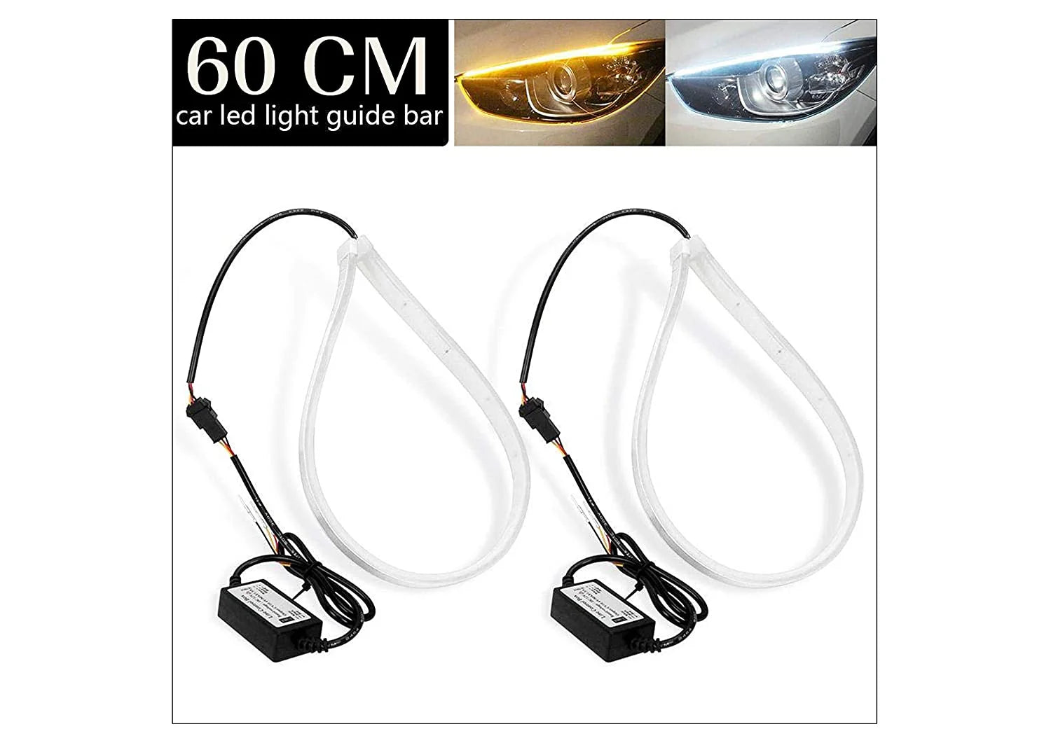Daytime Running Light | Sequential Flow Universal Ultra-fine 60cm DRL | Flexible | Soft | Tube Guide Car LED Strip | White and Yellow Color
