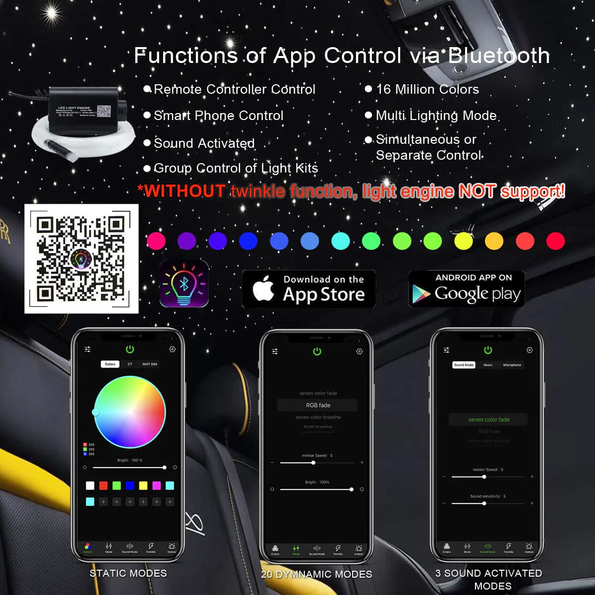 Star Ceiling Light Kit| 16W Fiber Optic (Rolls Royce Style) RGBW APP+Music Control Sound Sensor Light Source | with 28key RF Musical Remote and Fiber Cable 450pcs 0.75mm 9.8ft/3m for Car and Home
