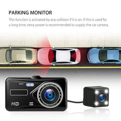 2-in-1 Dash Cam – 4″ Touchscreen DVR with Front & Rear Full HD 1080P Recording with Night Vision