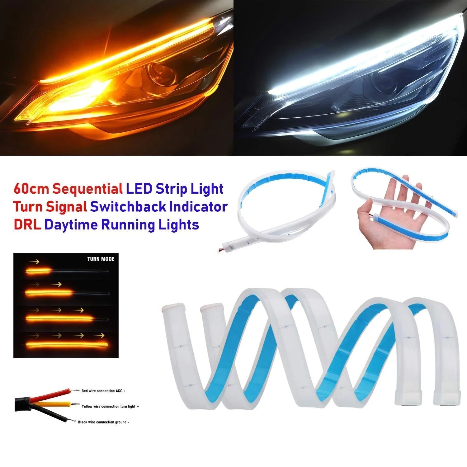 Daytime Running Light | Sequential Flow Universal Ultra-fine 60cm DRL | Flexible | Soft | Tube Guide Car LED Strip | White and Yellow Color