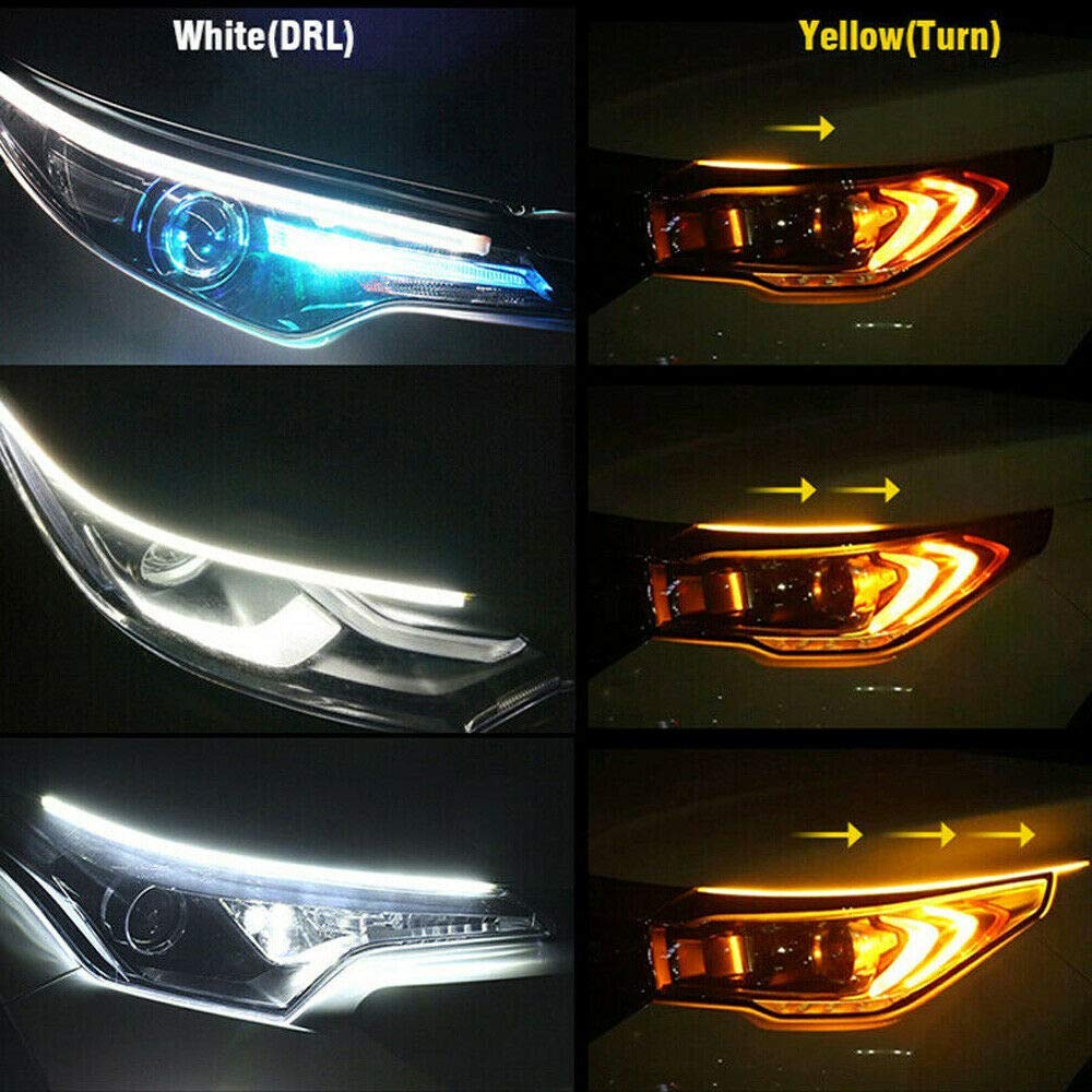 Daytime Running Light | Sequential Flow Universal Ultra-fine 60cm DRL | Flexible | Soft | Tube Guide Car LED Strip | White and Yellow Color