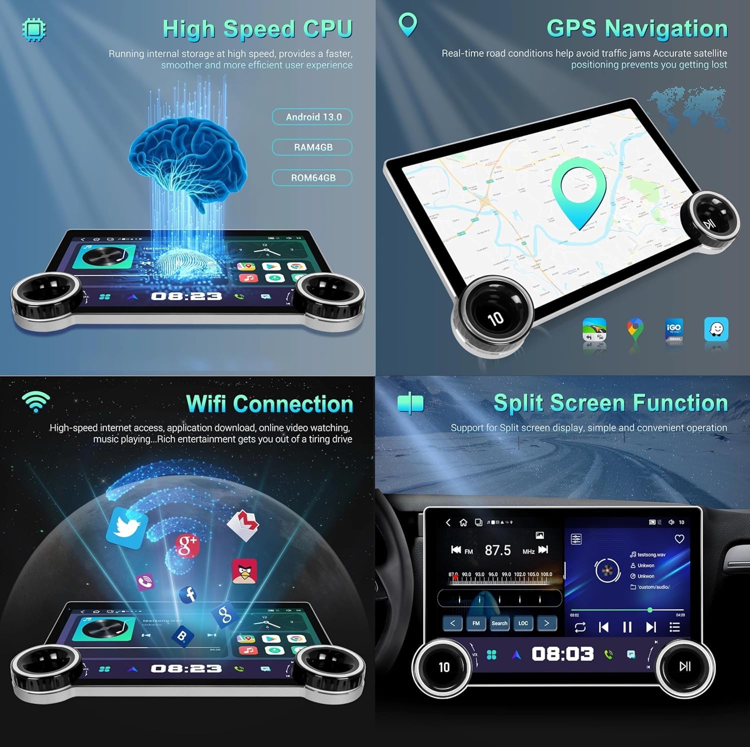 Gemstone 10.1'' 2K QLED Android Car System – 4GB RAM, 64GB Storage, Dual Knob & Camera Support