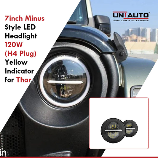 7inch Minus with Ring Style LED Headlight 120W (H4 Plug) | High Beam | Low Beam | White DRL | Yellow Indicator for Thar