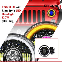 7inch RGB Skull with Ring Style LED Headlight 120W (H4 Plug) | High Beam | Low Beam | White DRL | Yellow Indicator for Thar