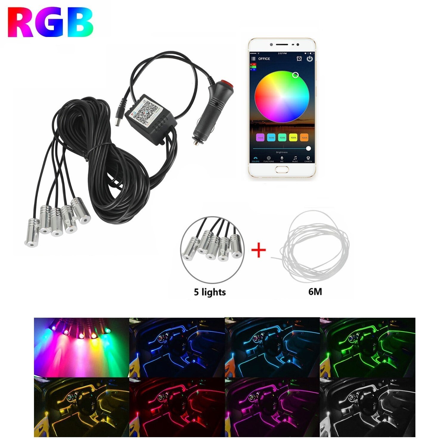 5-in-1 RGB Neon EL LED Light with 6 meter EL pipe - Uniauto