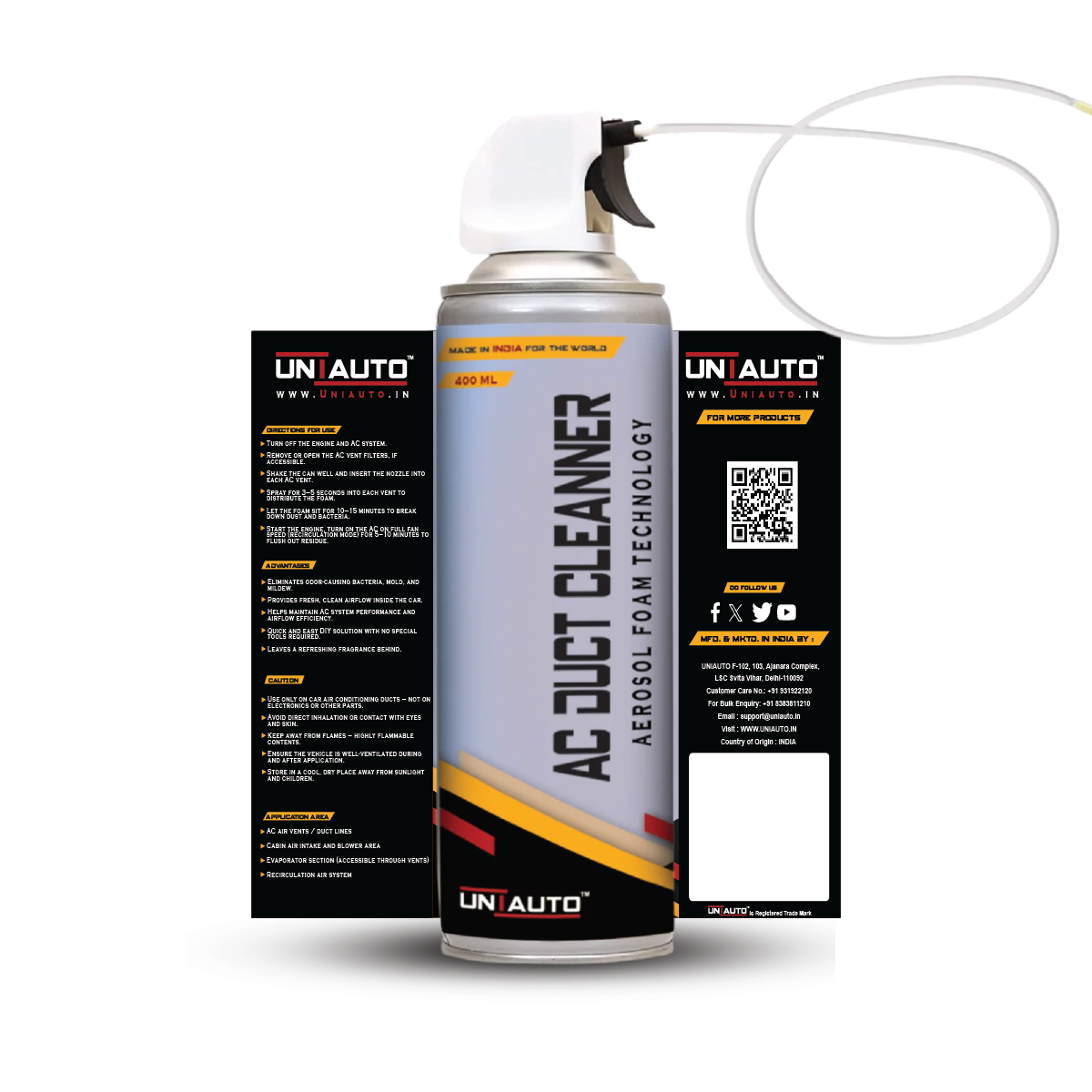 Uniauto AC Duct Cleaner - Foam Aerosol Technology (400ml) | Eliminates Odors & Bacteria for Fresh, Cool Air